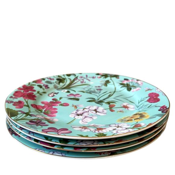 Grace Teaware Fine Porcelain 9in Salad Plates Aqua Blue Floral Set of 4 New - Picture 3 of 15